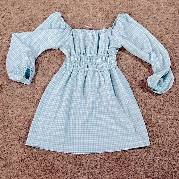 LEYDEN chambray smock elastic high waist balloon offshoulder gingham dress green - Picture 1 of 12